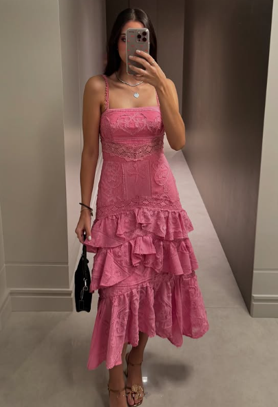 Pink Lace Layered A Line Prom Dress Formal Party Evening Dress cc1986