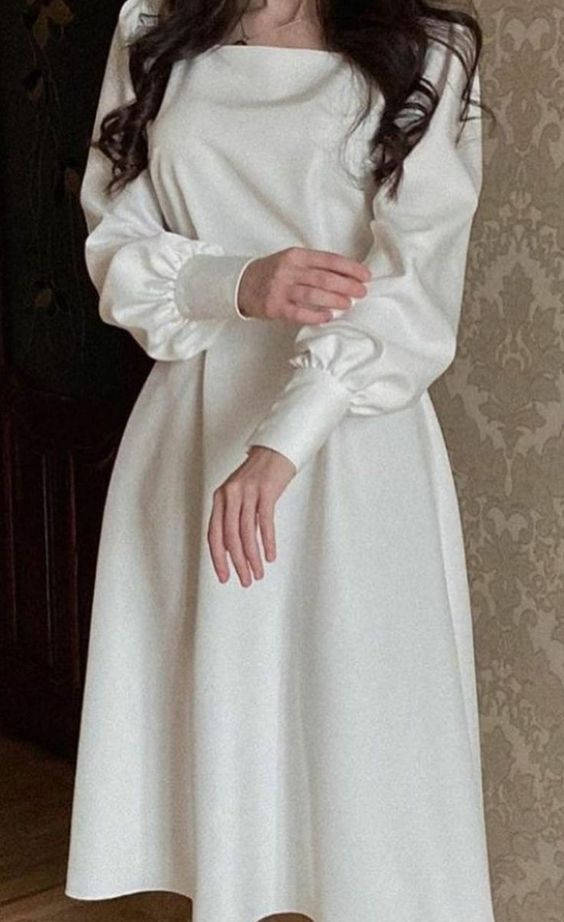 Modest White A-line Long Sleeves Prom Dress cc1222