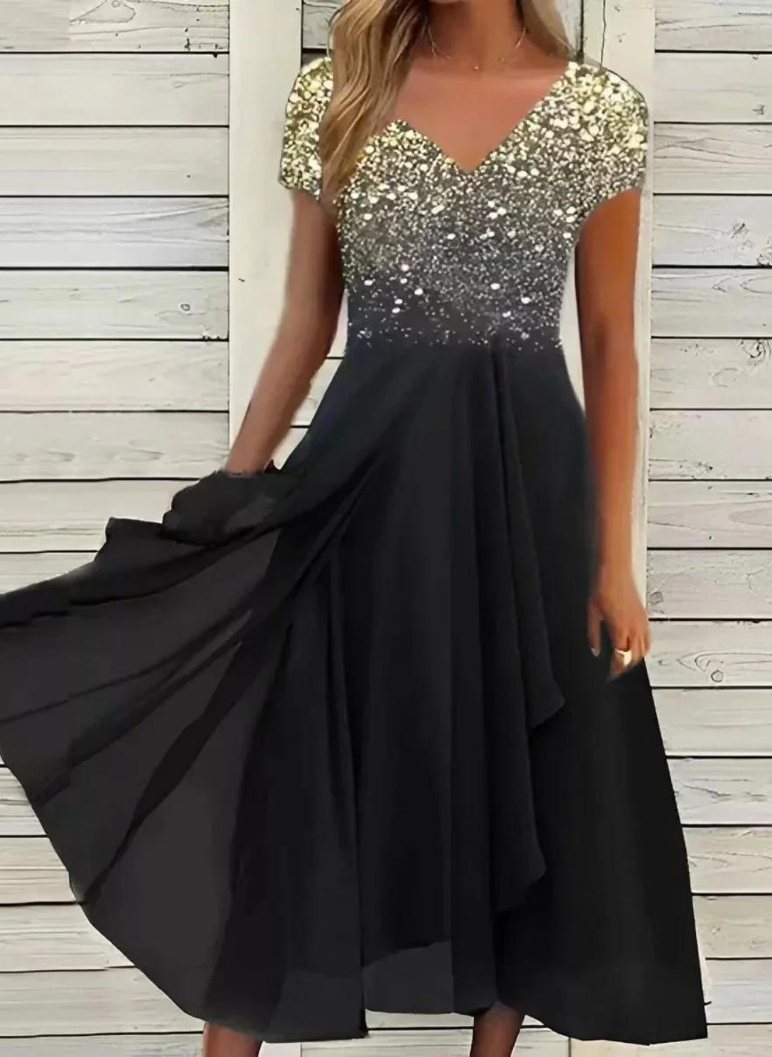 V-Neck Cap Sleeve Tiered Chiffon Handkerchief Hem Maxi Dress