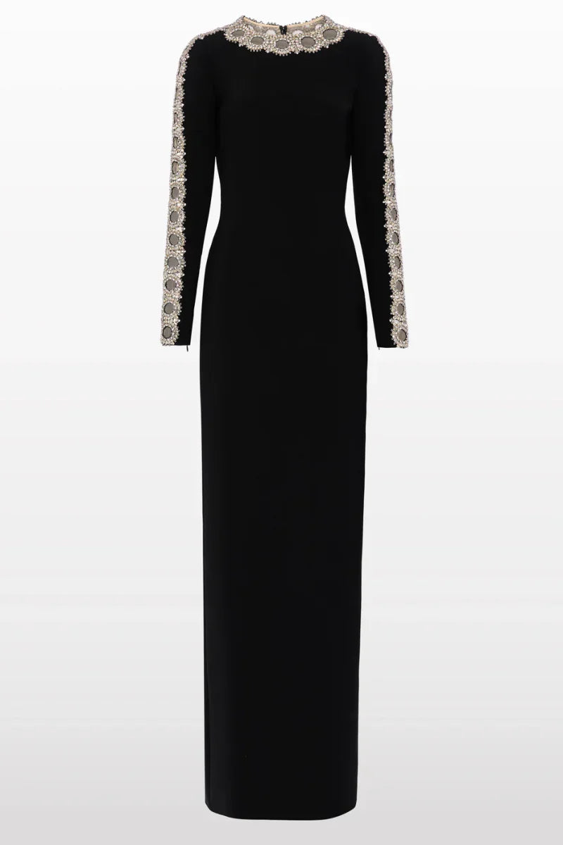 Metallic Openwork Collar Long Sleeve Column Maxi Gown