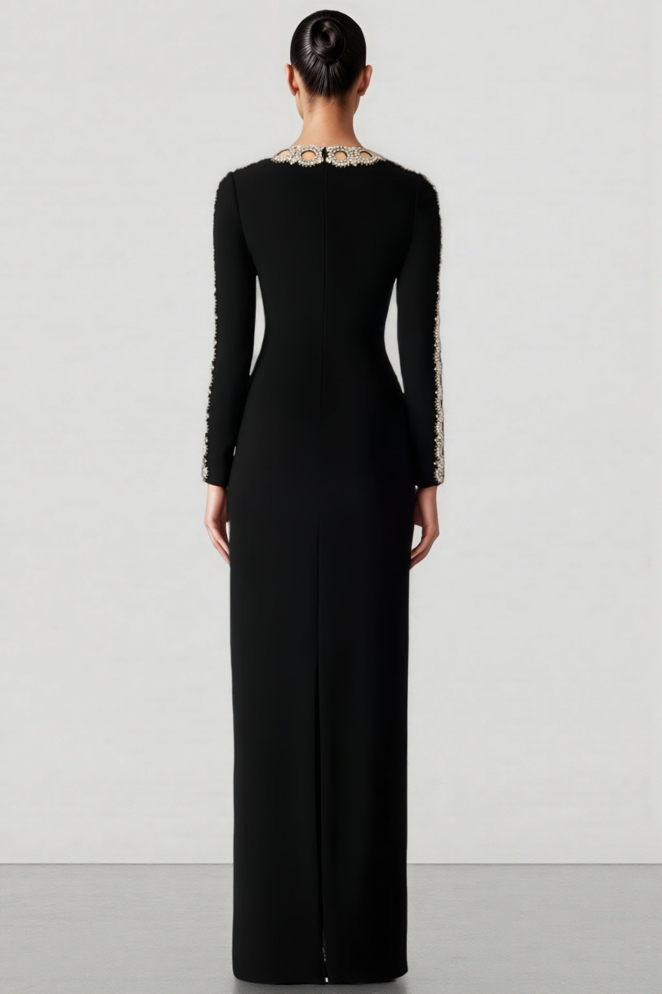 Metallic Openwork Collar Long Sleeve Column Maxi Gown