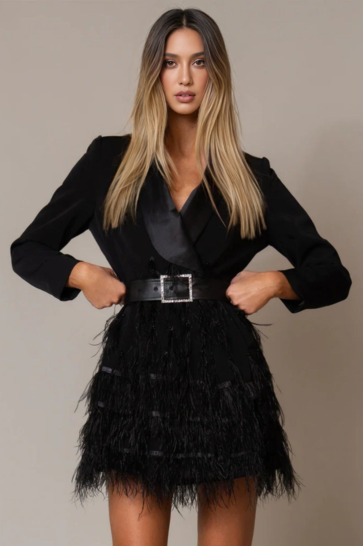 V-Neck Long Sleeve Belted Feather Skirt Blazer Mini Dress 4