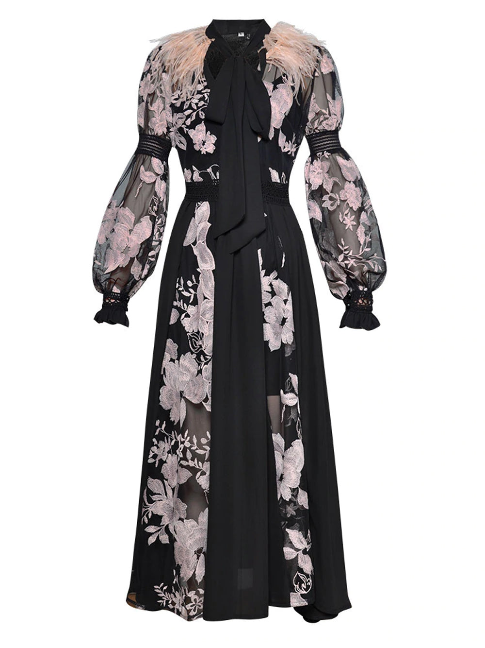 Feather Trim Floral Embroidery Tie Neck Lace Long Sleeve Midi Dress