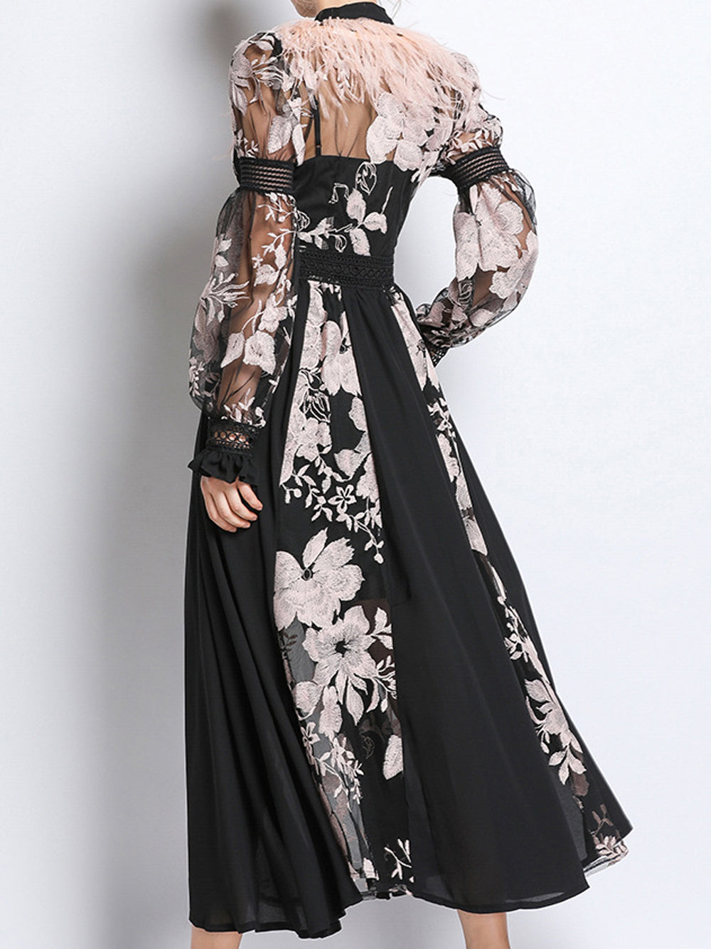 Feather Trim Floral Embroidery Tie Neck Lace Long Sleeve Midi Dress
