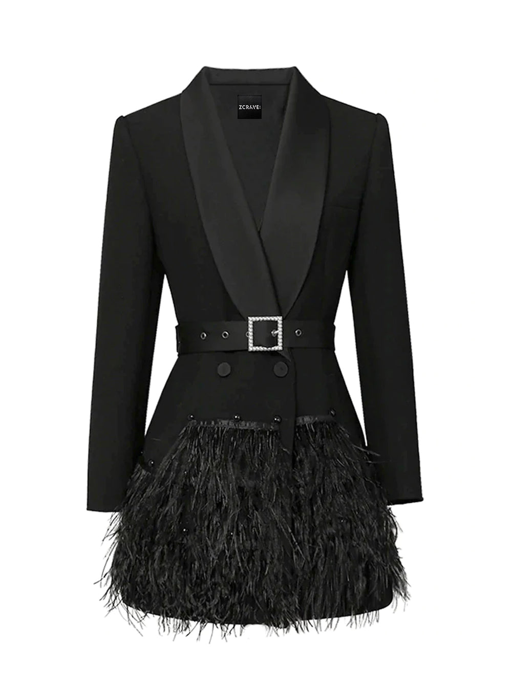 Blazer Long Sleeve Satin Lapel Rhinestone Belt Feather Beaded Mini Dress
