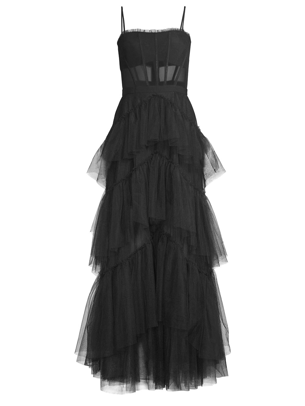 Mesh Corset Bodice Spaghetti Strap Tiered Tulle Maxi Gown