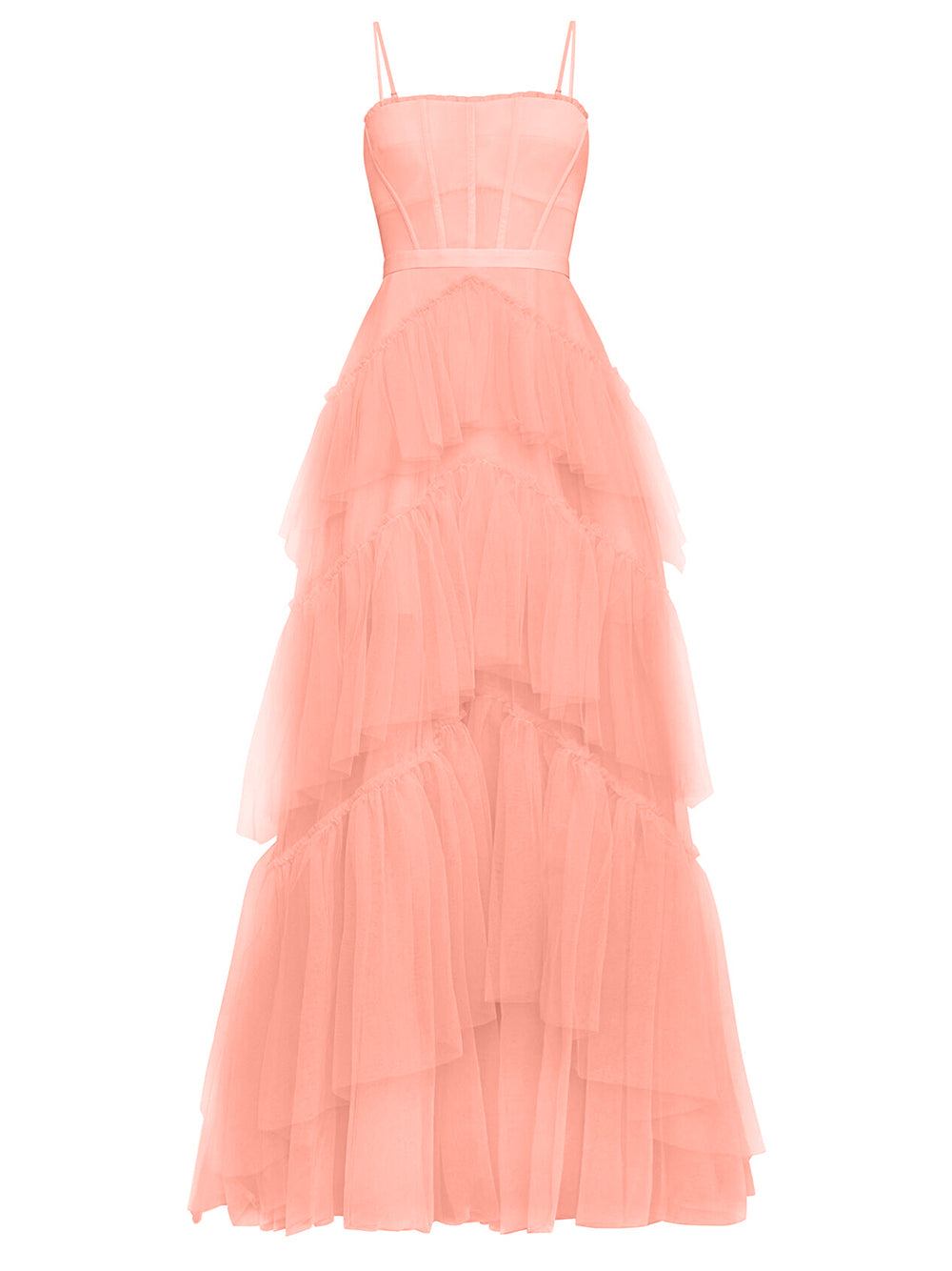 Tulle Spaghetti Strap Corset Boned Bodice Diagonal Tier Ruffle Maxi Gown