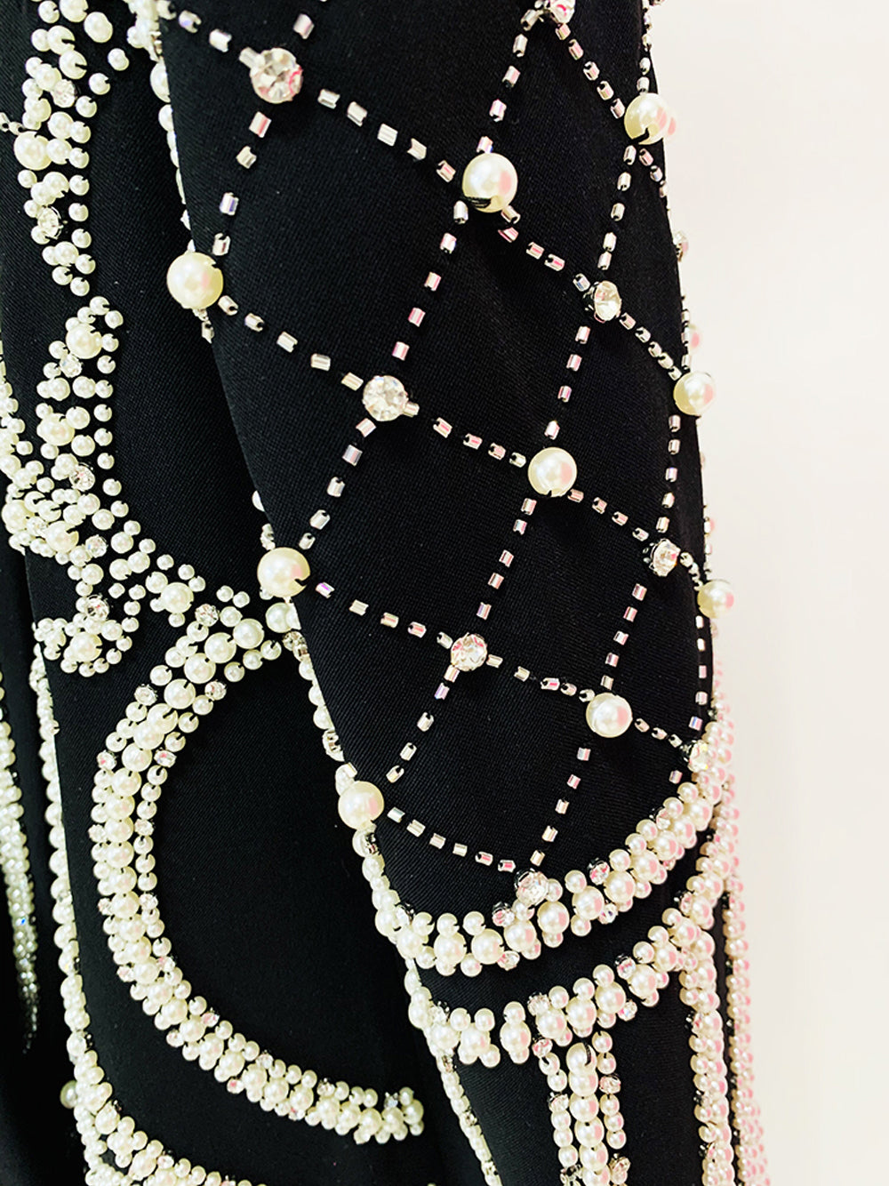Pearl Beaded Rhinestone Grid Long Sleeve Deep V Blazer Mini Dress