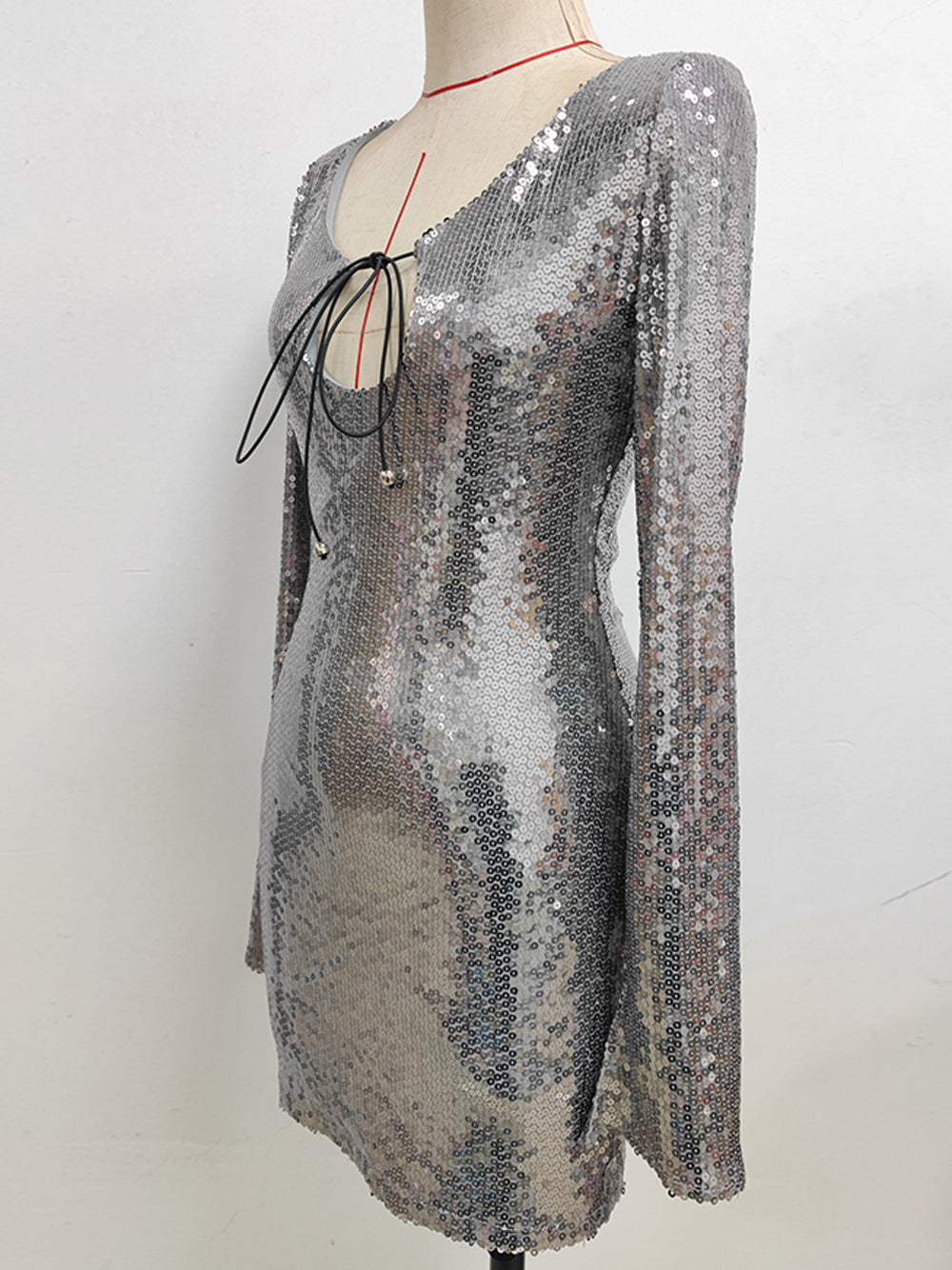 Sequin Deep V-Neck Long Sleeve Bodycon Mini Dress