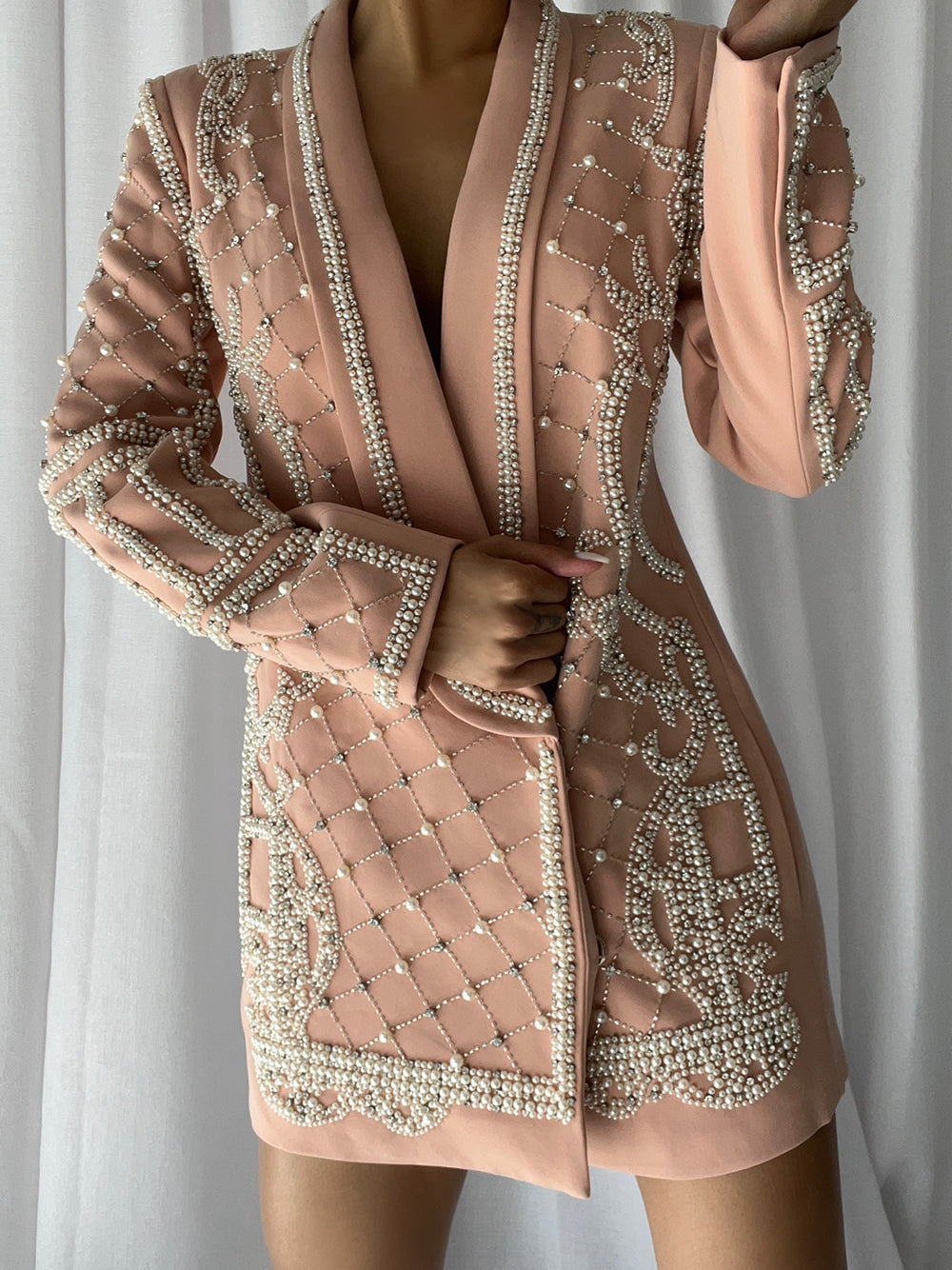 Pearl Rhinestone Beaded Deep V-Neck Long Sleeve Blazer Mini Dress