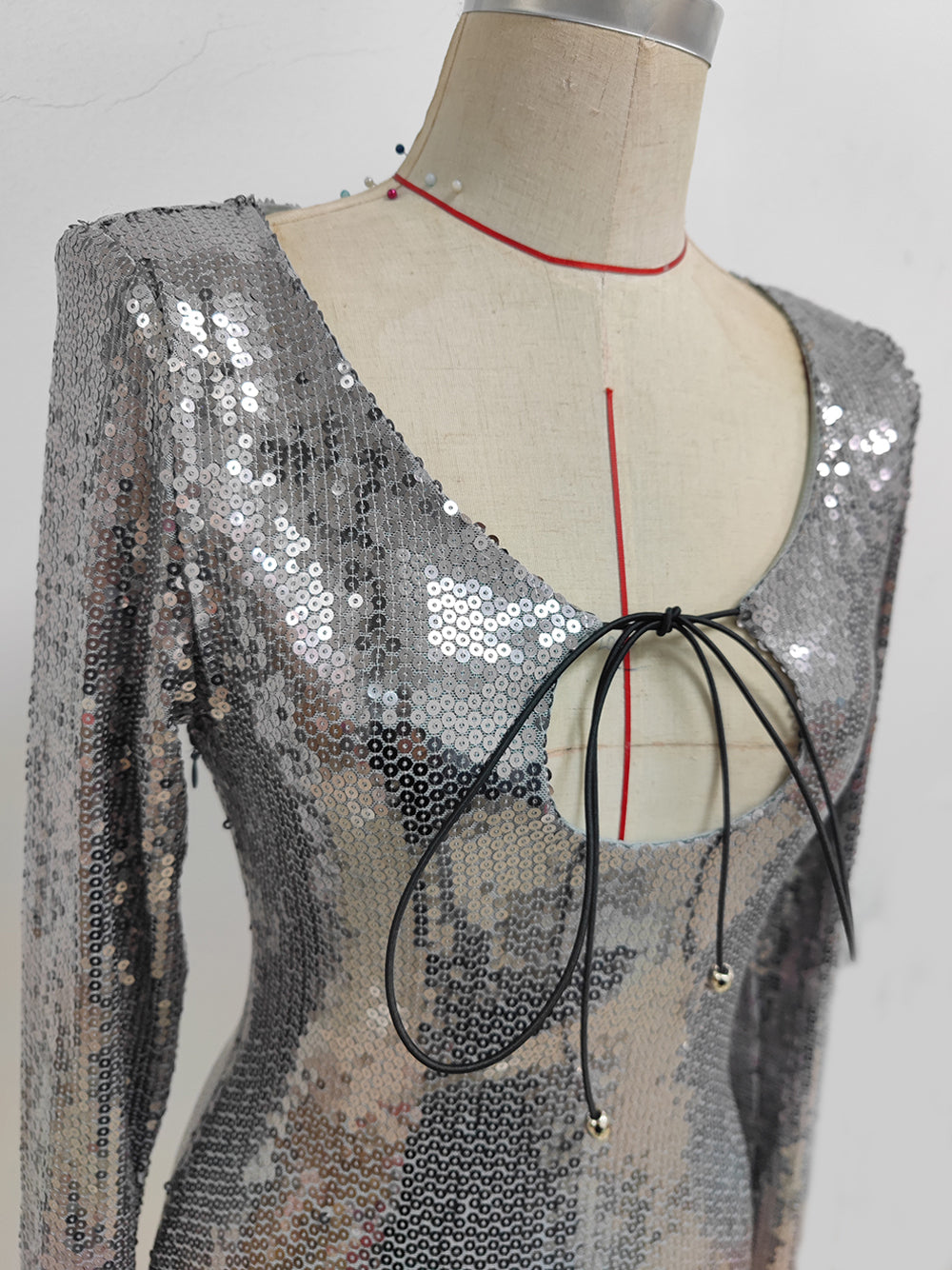 Sequin Deep V-Neck Long Sleeve Bodycon Mini Dress