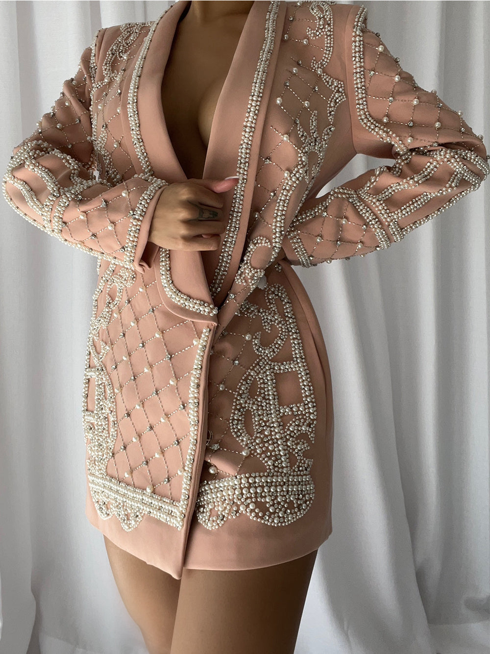 Pearl Rhinestone Beaded Deep V-Neck Long Sleeve Blazer Mini Dress