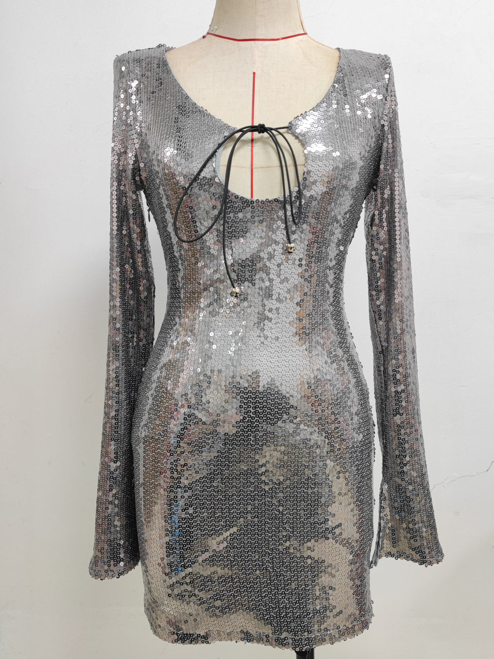 Sequin Deep V-Neck Long Sleeve Bodycon Mini Dress