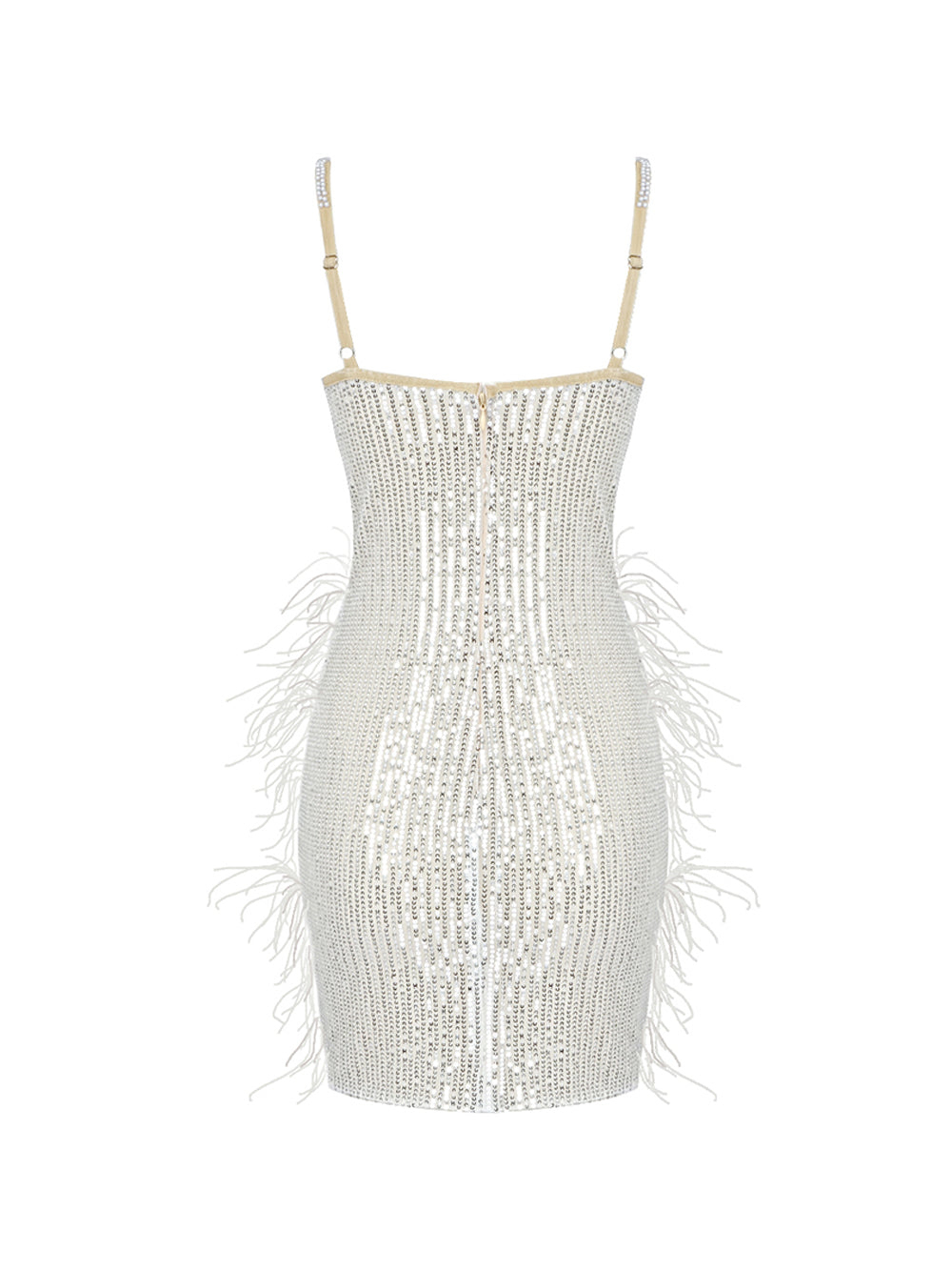 Spaghetti Strap Deep V-Neck Sequin Feather Burst Crystal Trim Mini Dress