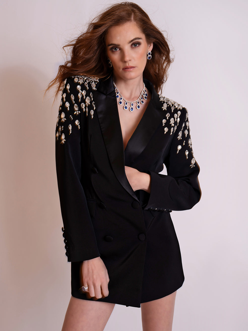 Beaded Double Breasted Satin Lapel Long Sleeve Blazer Mini Dress