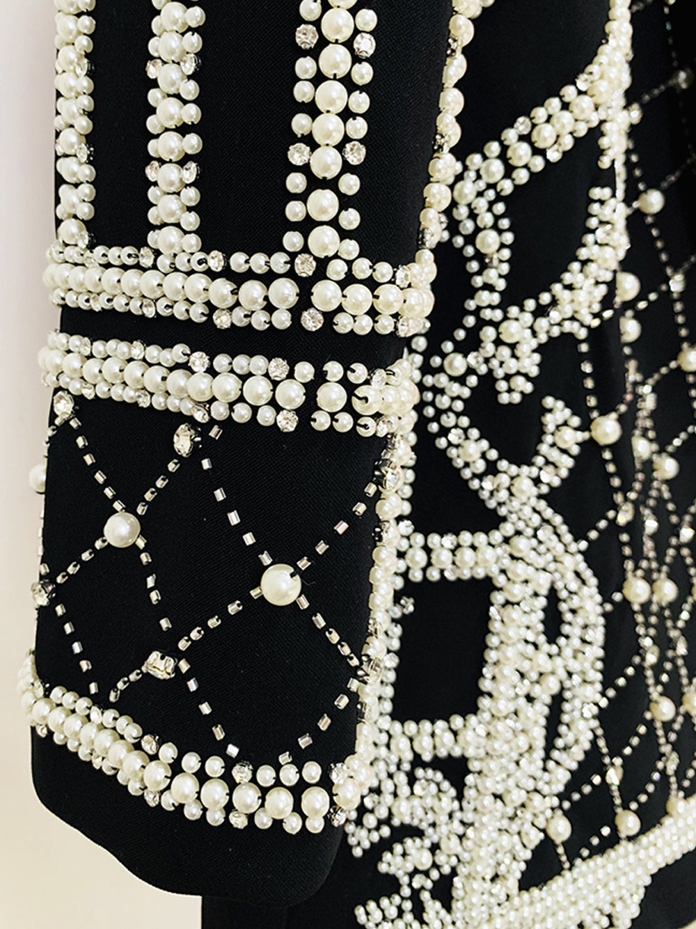 Pearl Beaded Rhinestone Grid Long Sleeve Deep V Blazer Mini Dress