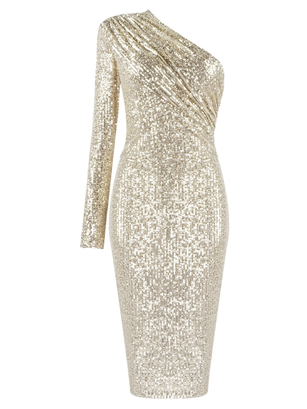 Sequin One Shoulder Long Sleeve Ruched Bodycon Midi Dress