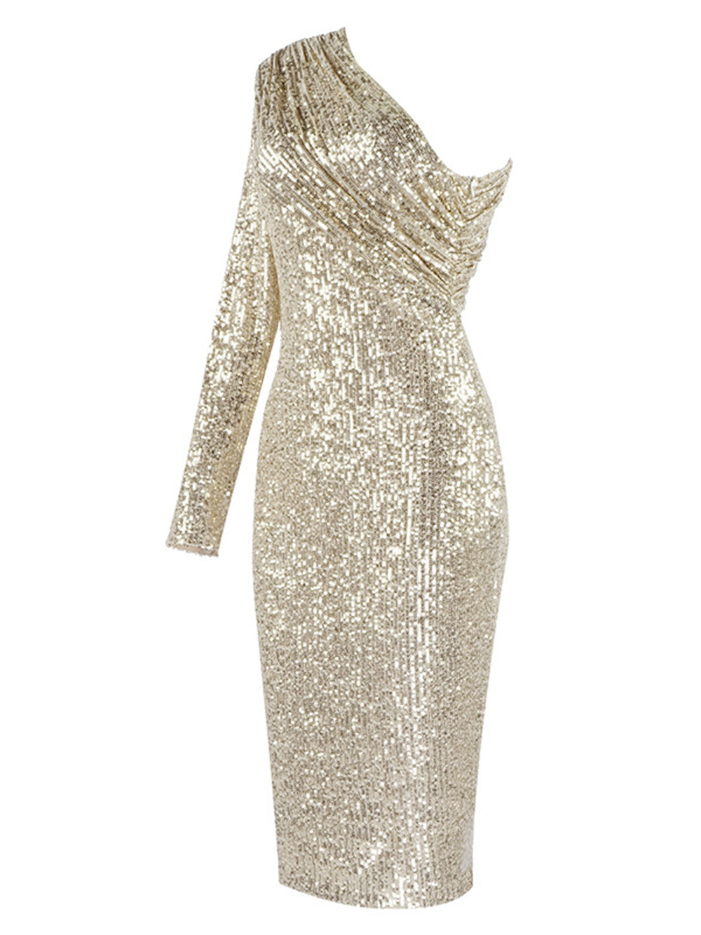 Sequin One Shoulder Long Sleeve Ruched Bodycon Midi Dress