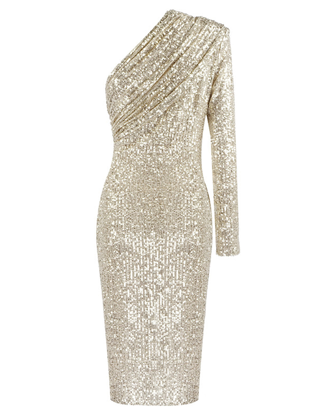 Sequin One Shoulder Long Sleeve Ruched Bodycon Midi Dress