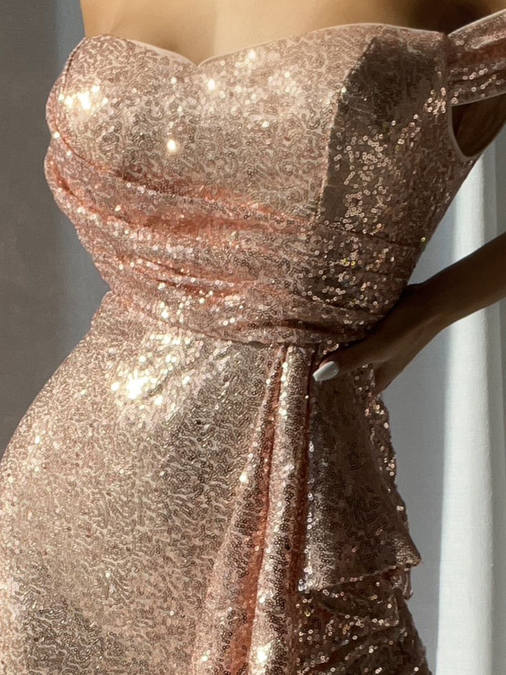 Sequin Sweetheart Off Shoulder Ruched High Split Bodycon Midi Dress