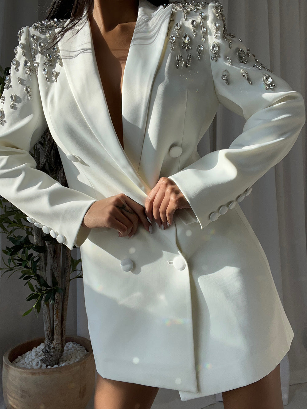 Rhinestone Crystal Embellished Peaked Lapel Double Breasted Blazer Mini Dress