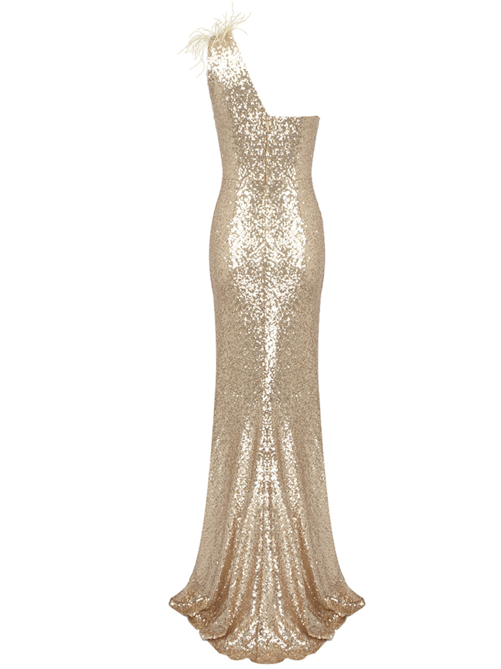 Sequin One Shoulder Feather Trim Cut Out High Split Maxi Gown