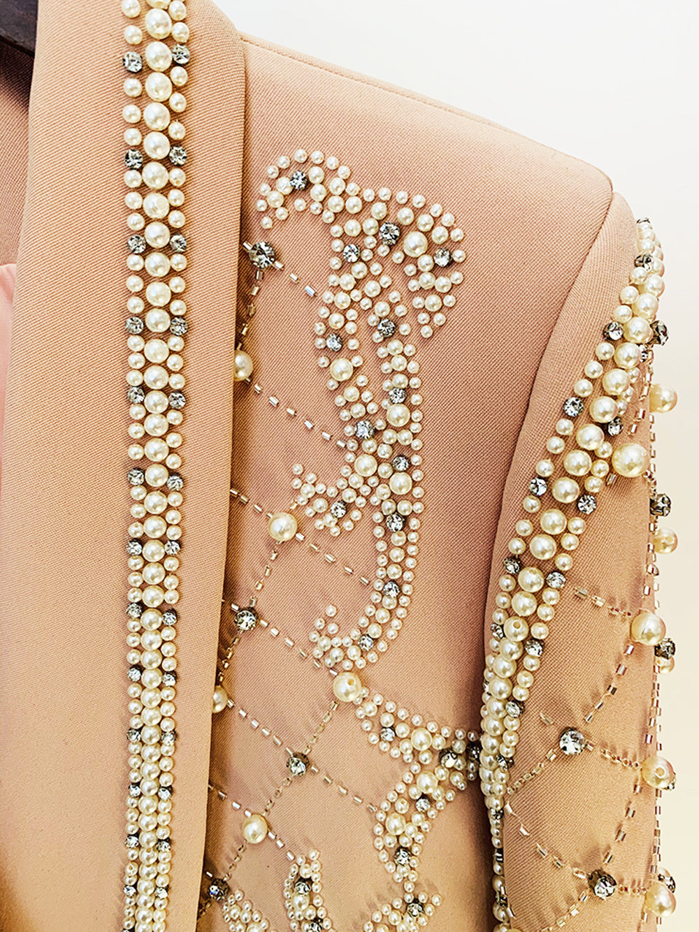 Pearl Rhinestone Beaded Deep V-Neck Long Sleeve Blazer Mini Dress