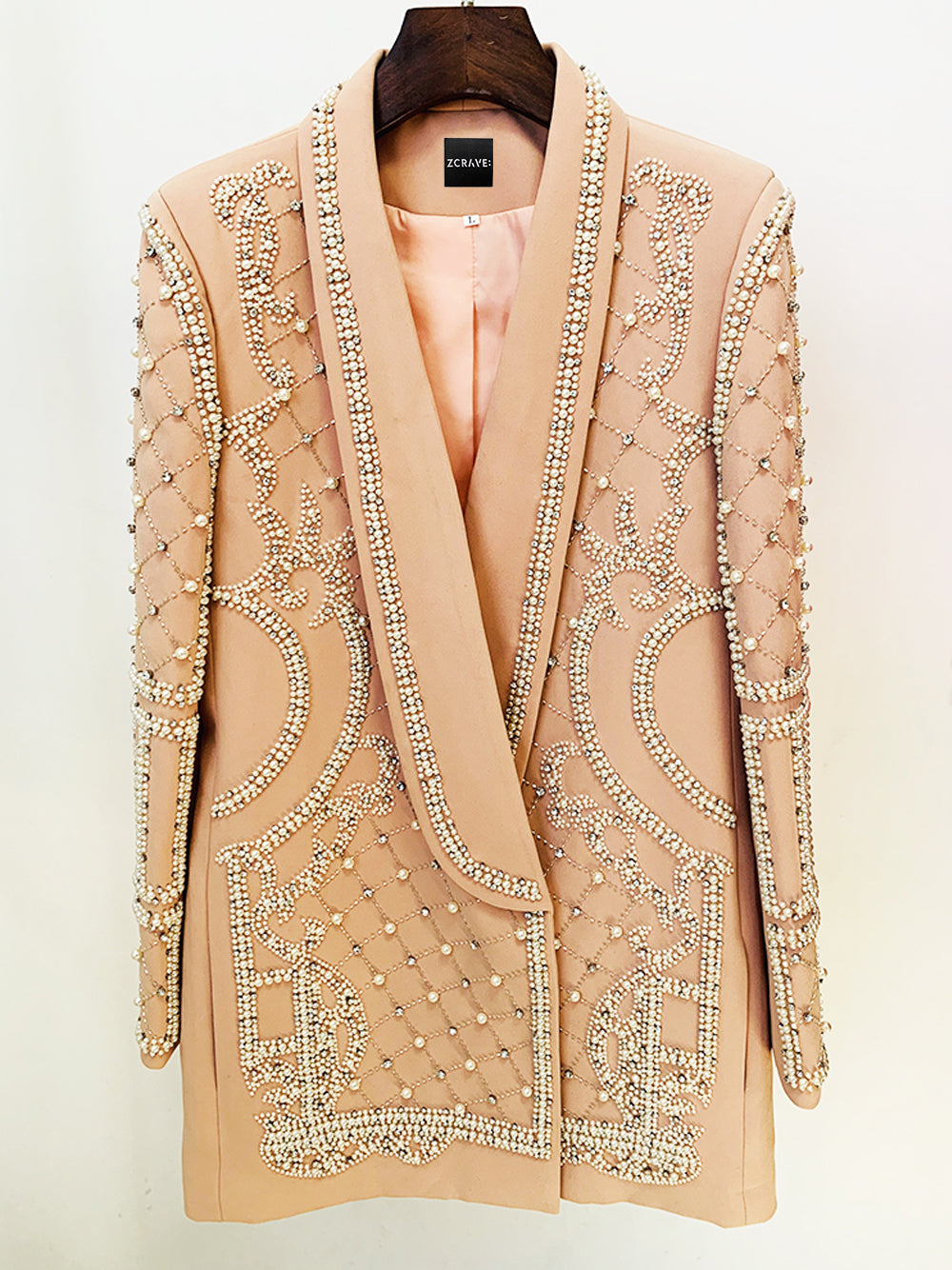 Pearl Rhinestone Beaded Deep V-Neck Long Sleeve Blazer Mini Dress