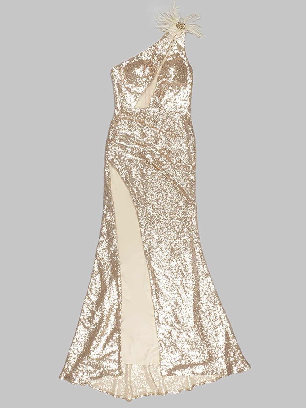 Sequin One Shoulder Feather Trim Cut Out High Split Maxi Gown