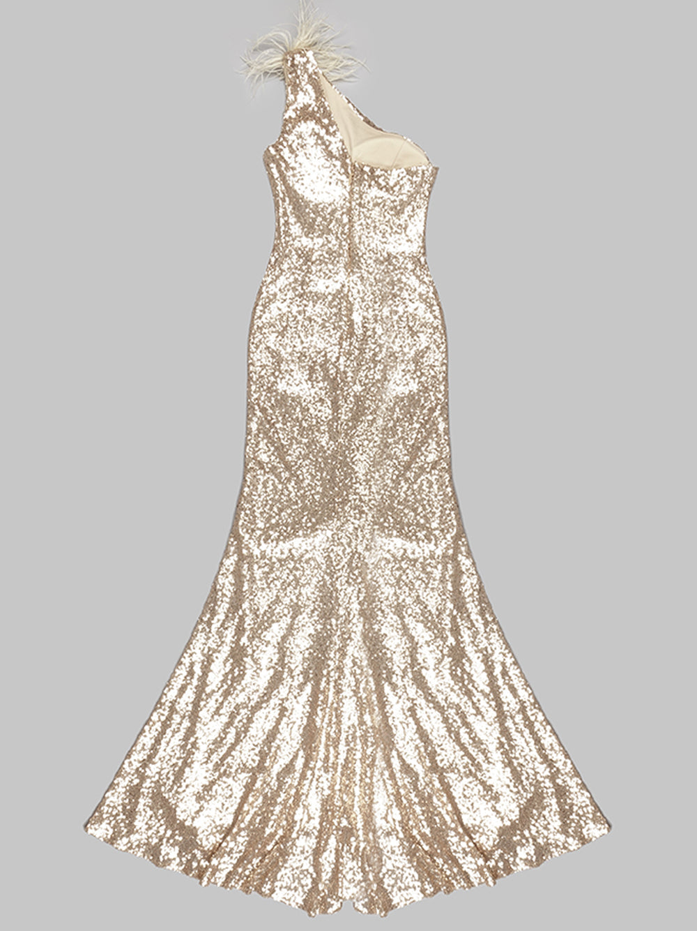 Sequin One Shoulder Feather Trim Cut Out High Split Maxi Gown