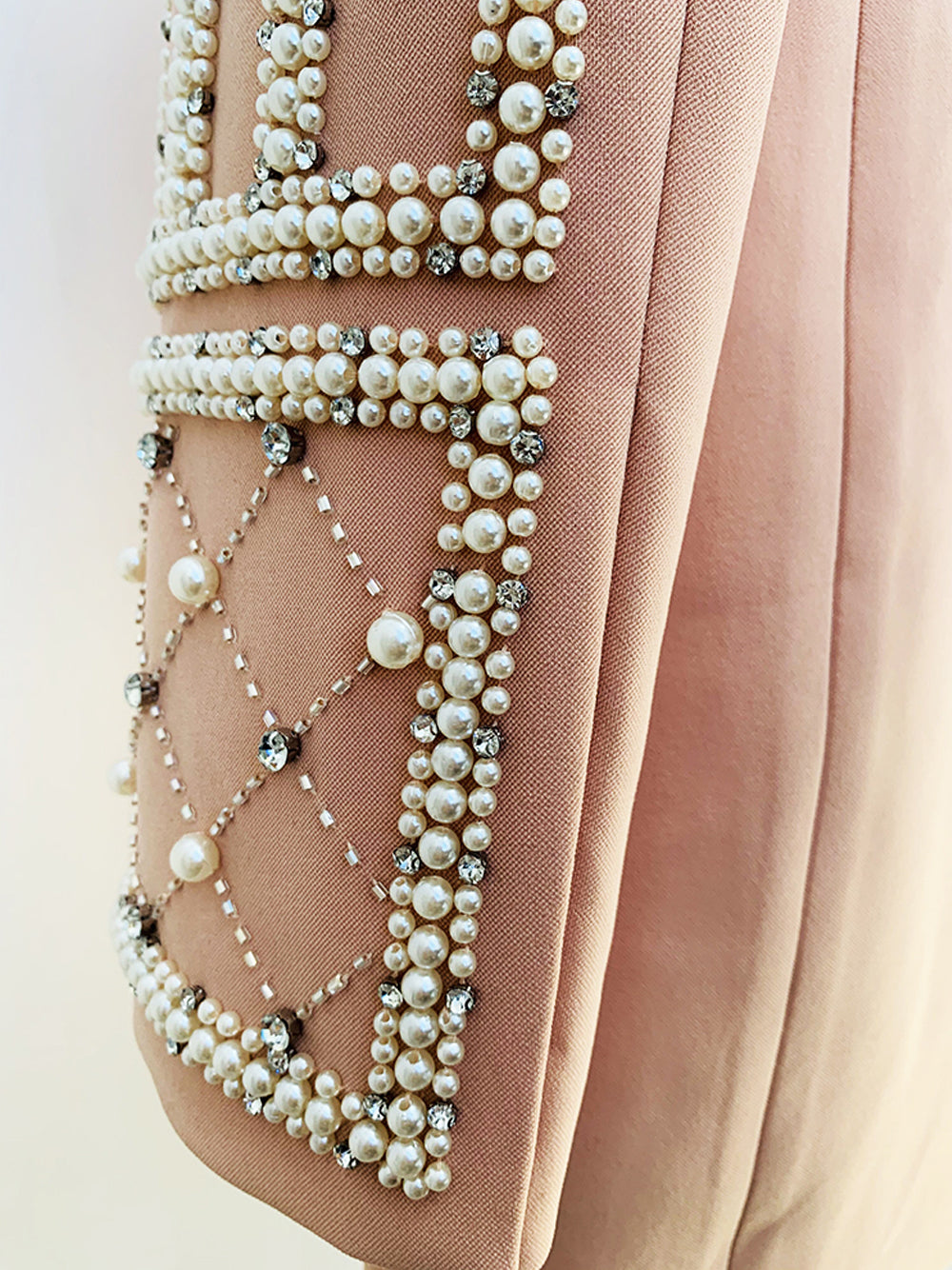 Pearl Rhinestone Beaded Deep V-Neck Long Sleeve Blazer Mini Dress