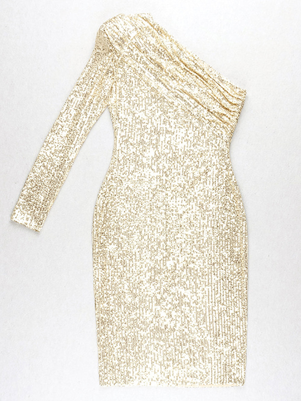 Sequin One Shoulder Long Sleeve Ruched Bodycon Midi Dress