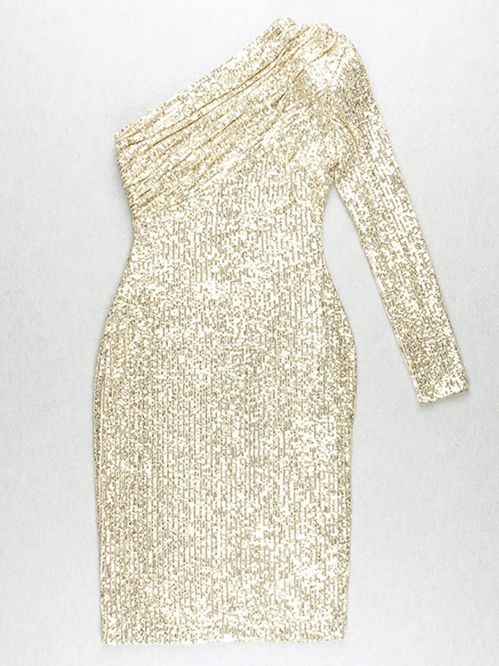 Sequin One Shoulder Long Sleeve Ruched Bodycon Midi Dress