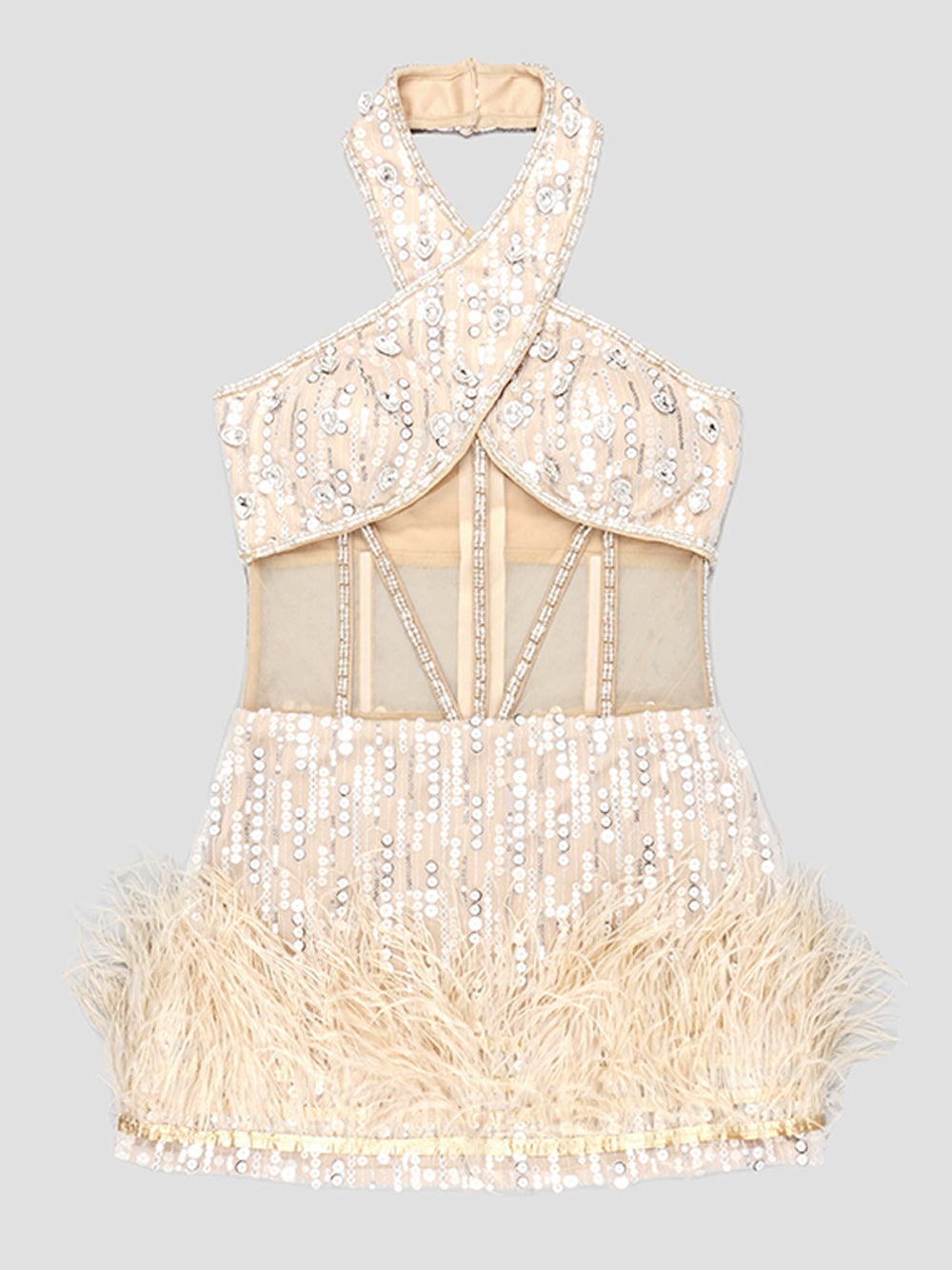 Sequin Rhinestone Halter Cross Strap Corset Mesh Cut Out Feather Trim Mini Dress