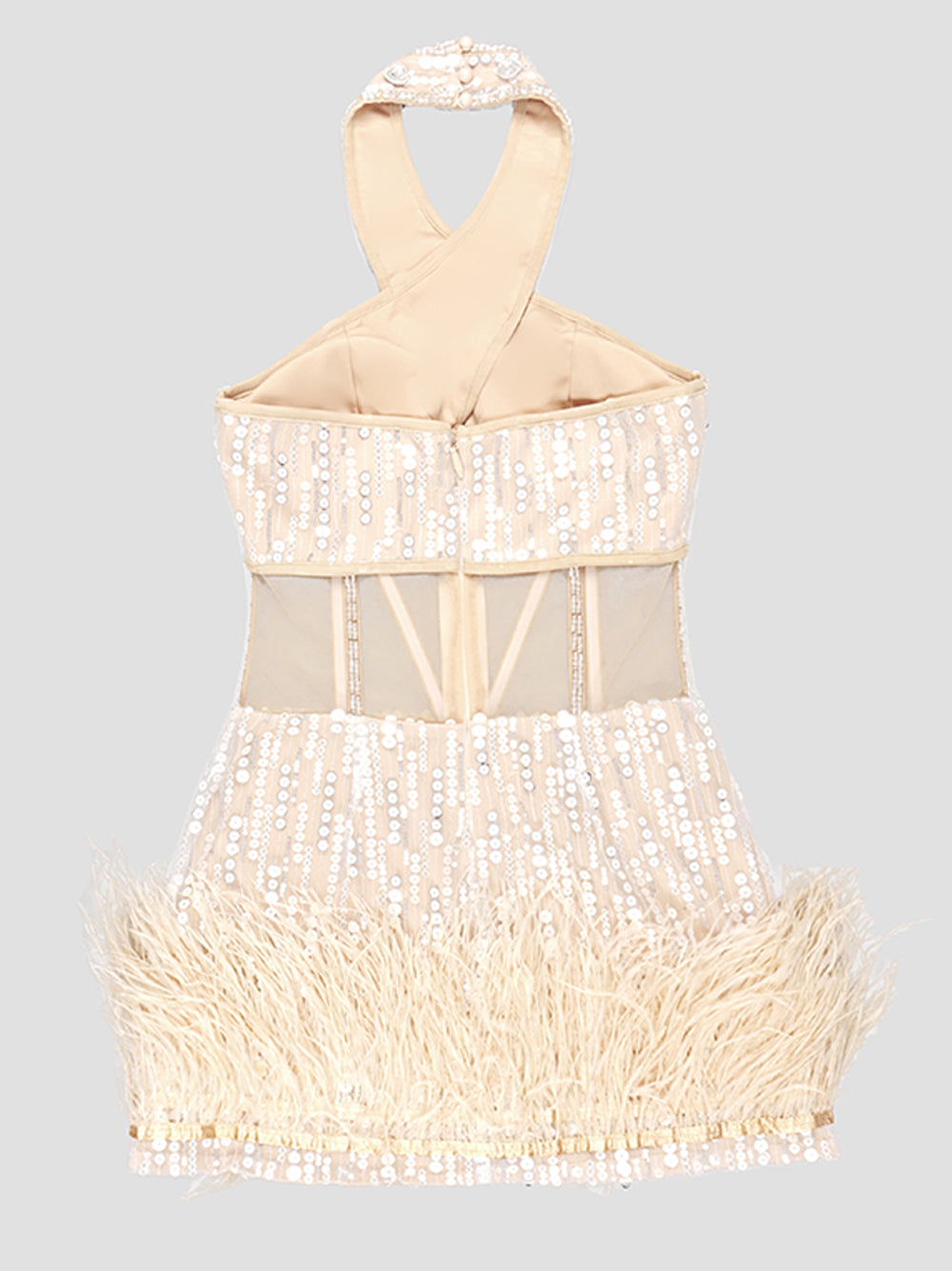 Sequin Rhinestone Halter Cross Strap Corset Mesh Cut Out Feather Trim Mini Dress