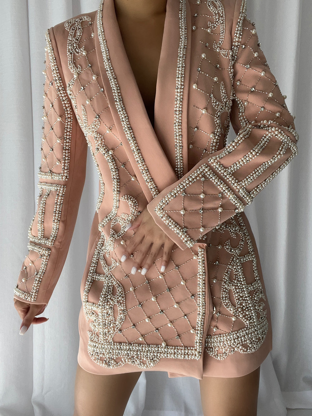 Pearl Rhinestone Beaded Deep V-Neck Long Sleeve Blazer Mini Dress