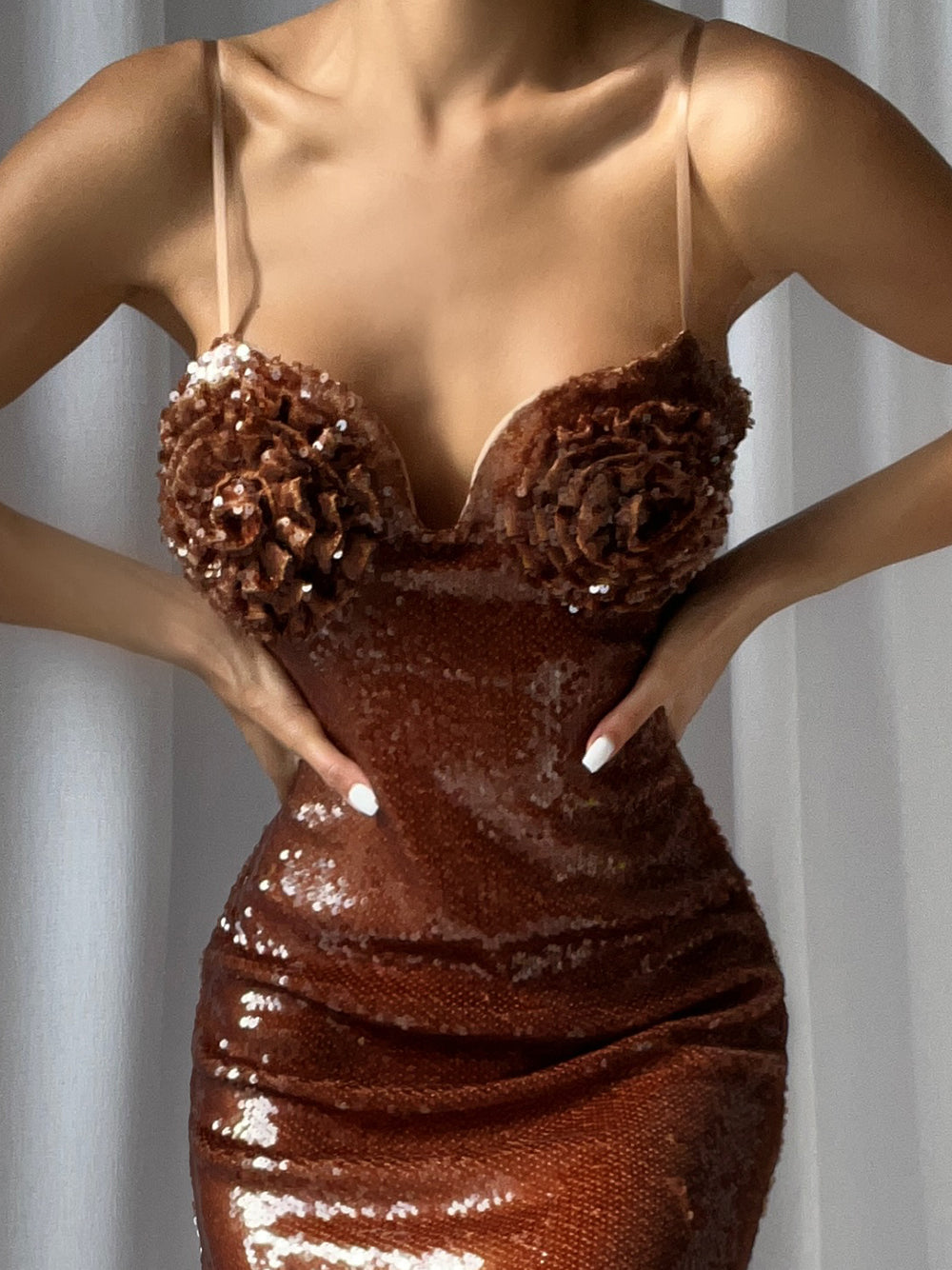 Sequin Spaghetti Strap Sweetheart Rosette Applique Mermaid Gown