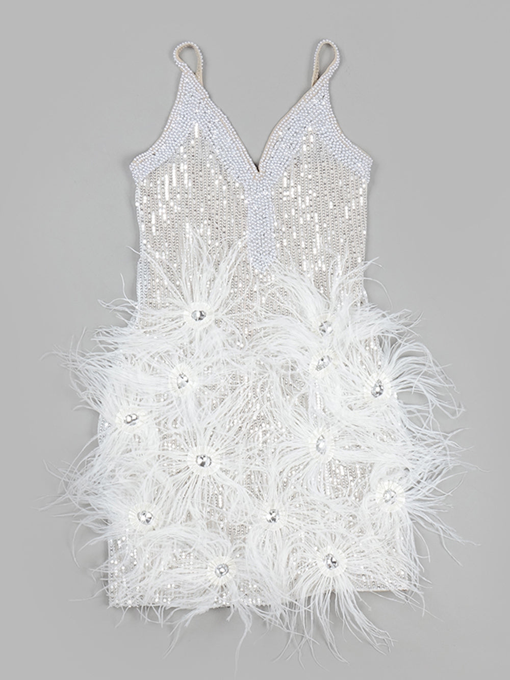 Spaghetti Strap Deep V-Neck Sequin Feather Burst Crystal Trim Mini Dress