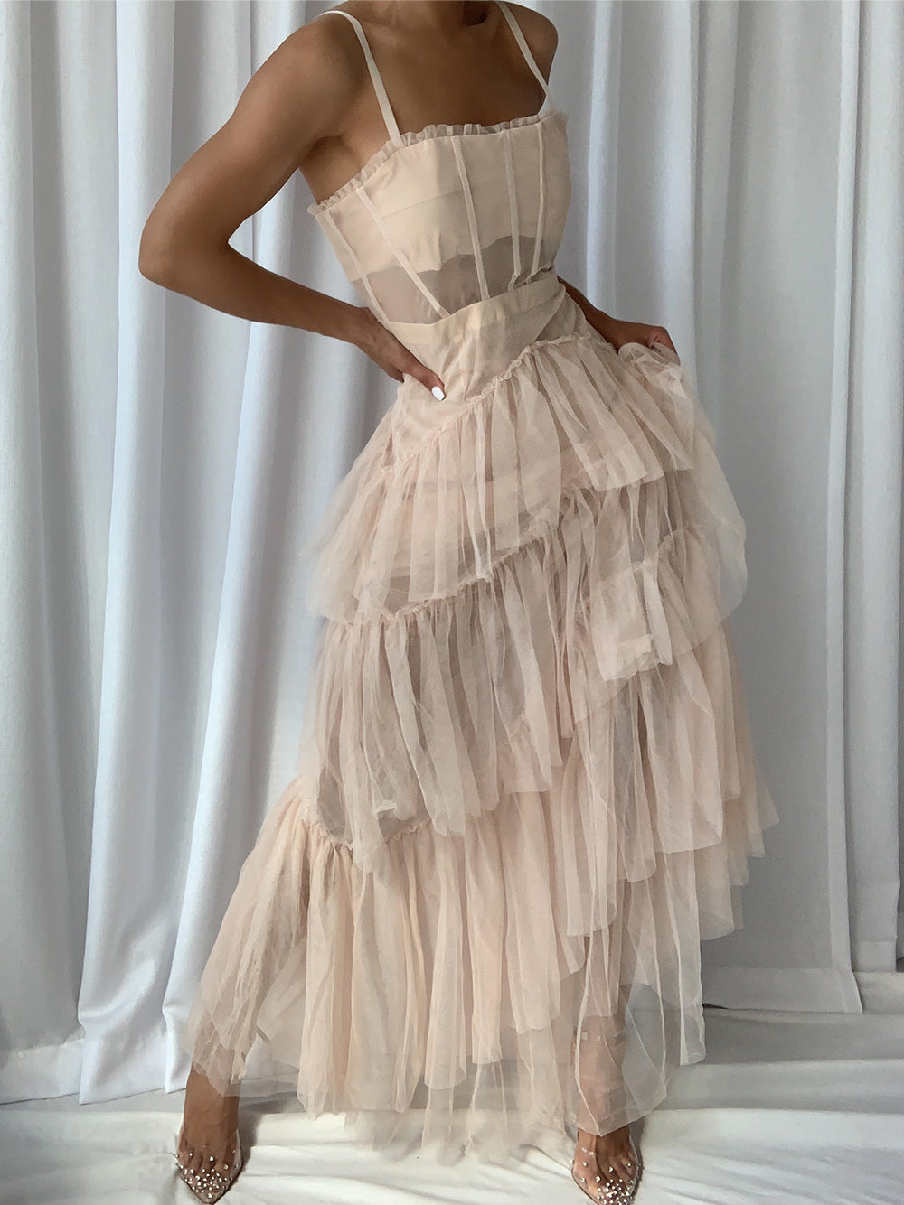 Tulle Corset Bodice Chevron Tiered Ruffle Spaghetti Strap Maxi Gown