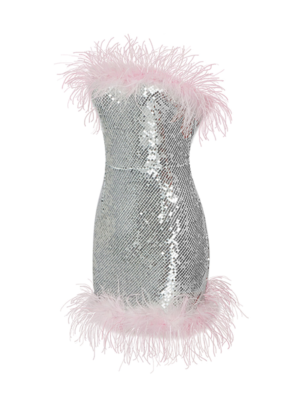 Sequin Strapless Feather Trim Bodycon Mini Dress
