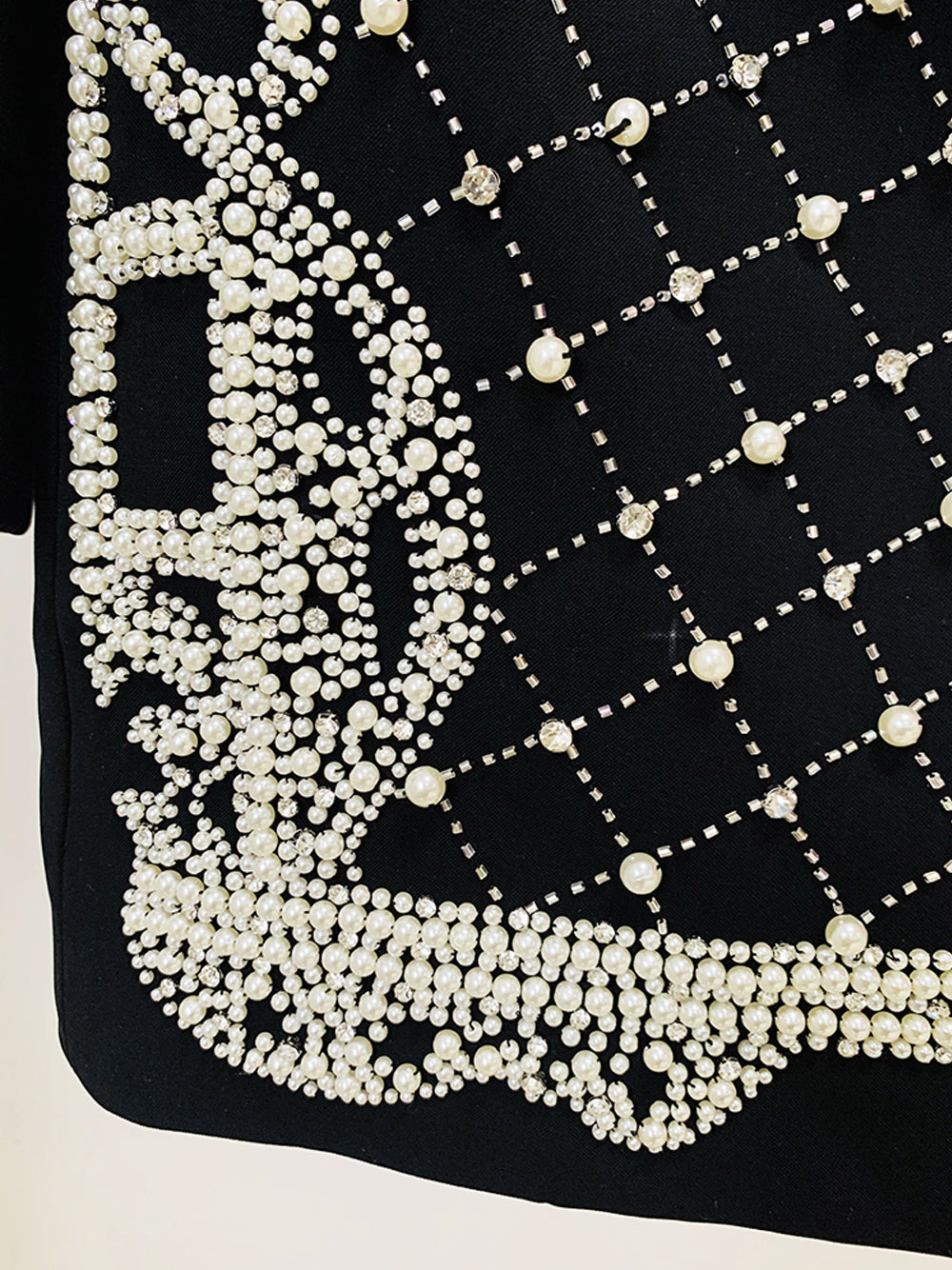 Pearl Beaded Rhinestone Grid Long Sleeve Deep V Blazer Mini Dress