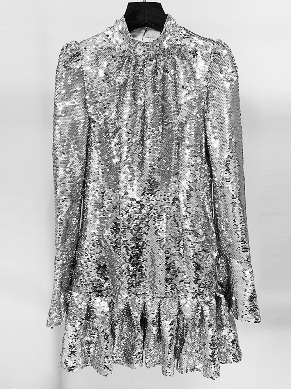 Sequin High Neck Long Sleeve Ruffle Hem Mini Party Dress