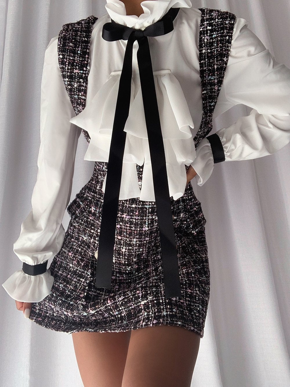 Ruffled Collar Ribbon Tie Blouse Tweed Pinafore Mini Dress Two Piece Set