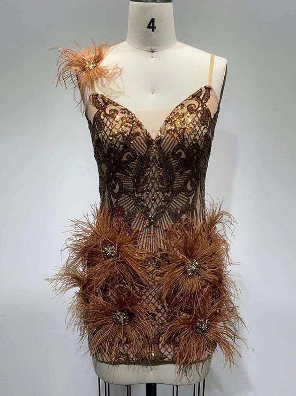 Sequin Deep V-Neck Feather Trim Bodycon Mini Dress