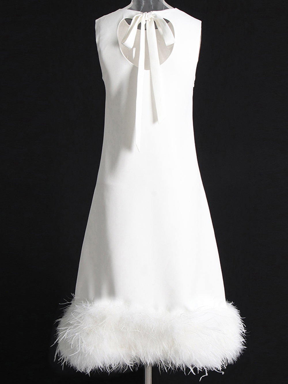 Sleeveless Crew Neck Feather Trim Midi Dress