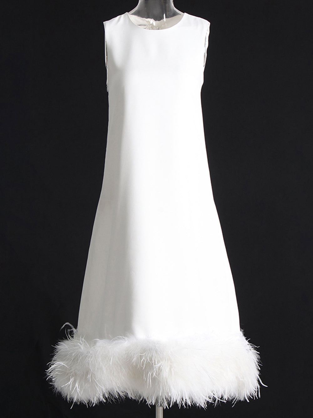 Sleeveless Crew Neck Feather Trim Midi Dress