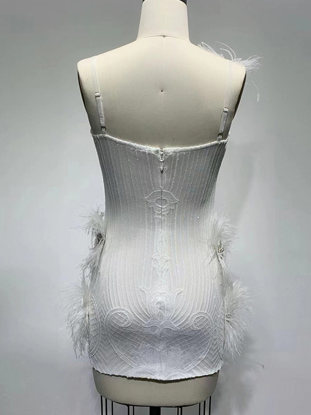 Sequin Deep V-Neck Feather Trim Bodycon Mini Dress