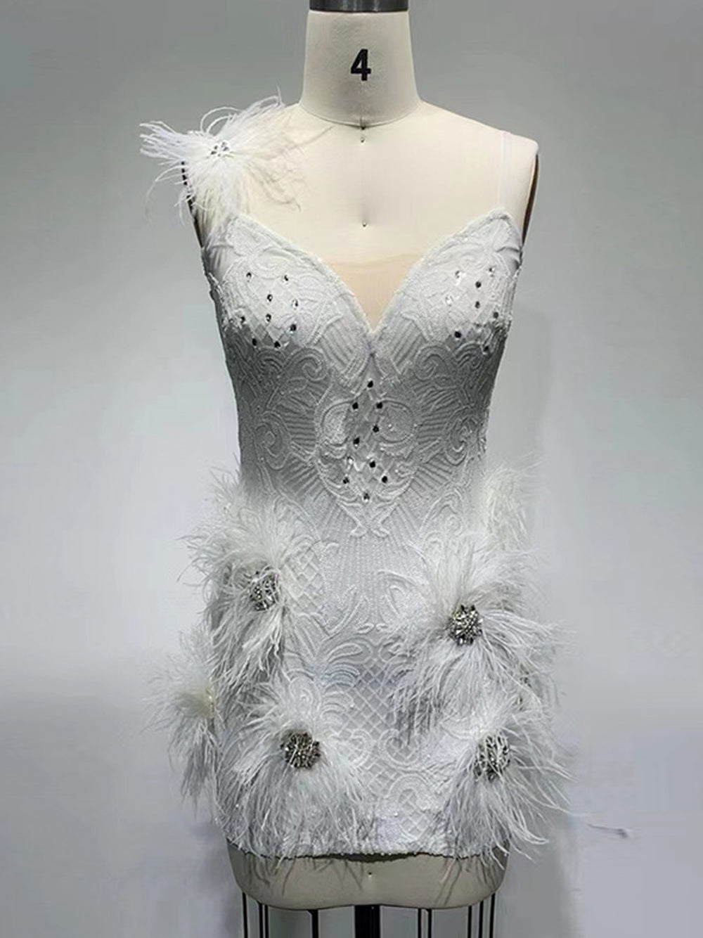 Sequin Deep V-Neck Feather Trim Bodycon Mini Dress