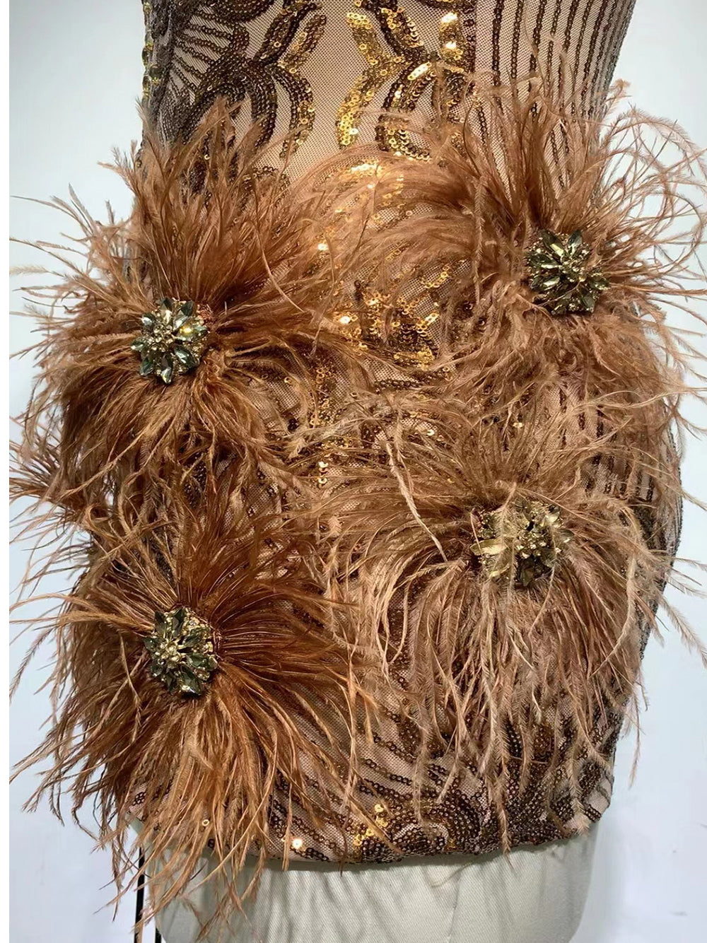 Sequin Deep V-Neck Feather Trim Bodycon Mini Dress