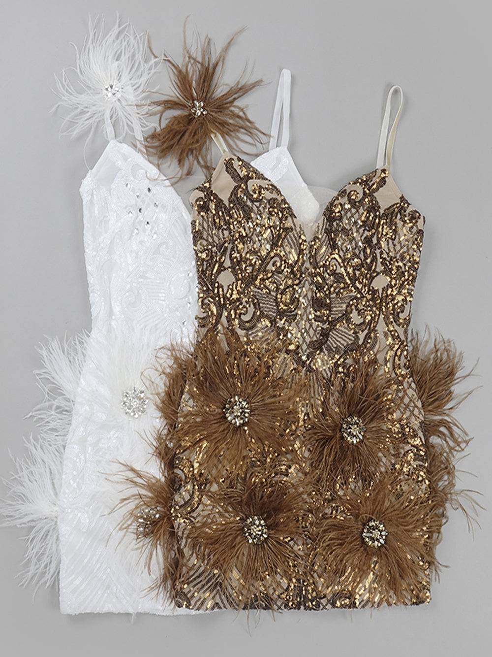 Sequin Deep V-Neck Feather Trim Bodycon Mini Dress